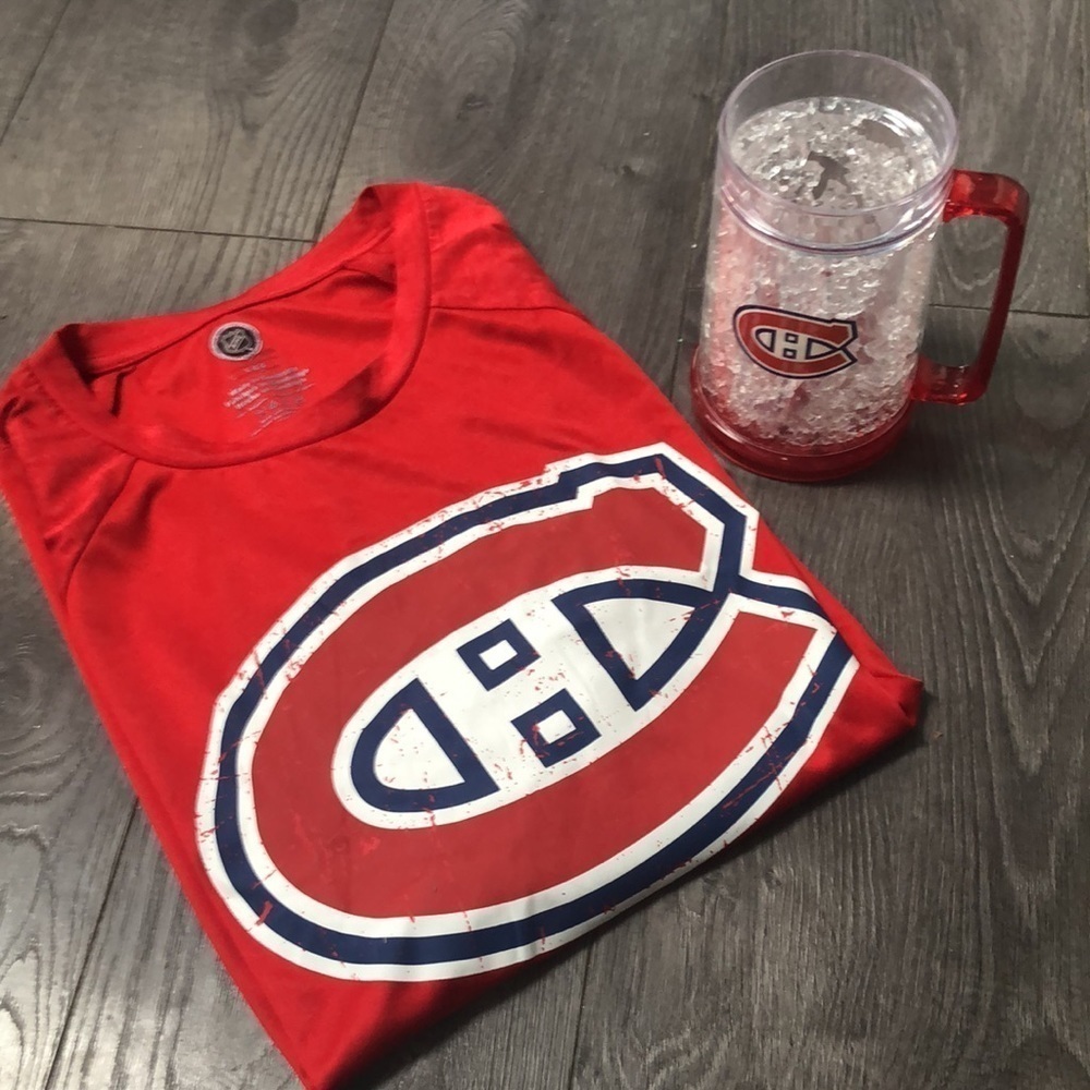 Montreal Canadians NHL T-Shirt Tee size large & double wall gel freezer mug!